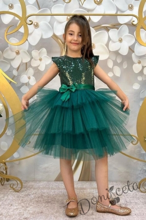 Детска официална рокля Кара в зелено от пайети и тюл на пластове с панделка за коса