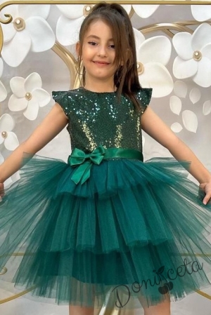 Детска официална рокля в тъмнозелено от пайети и тюл на пластове с панделка за коса2