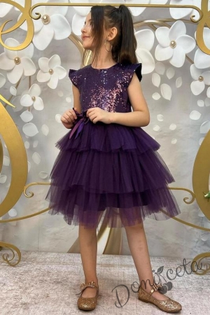 Детска официална рокля Кара в лилаво от пайети и тюл на пластове с панделка за коса