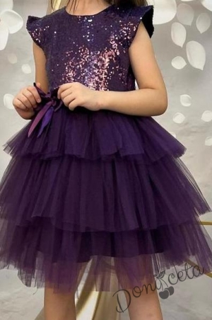 Детска официална рокля в лилаво от пайети и тюл на пластове с панделка за коса3
