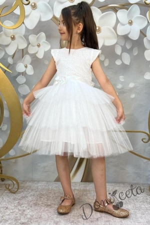 Детска официална рокля Кара в бяло от пайети и тюл на пластове с панделка за коса