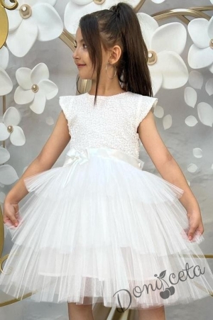 Детска официална рокля в бяло от пайети и тюл на пластове с панделка за коса2