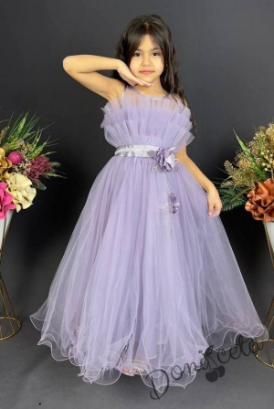 Официална детска дълга рокля в светлолилаво с тюл без ръкав 2