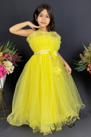 Официална детска дълга рокля Анджелина в жълто с тюл без ръкав 