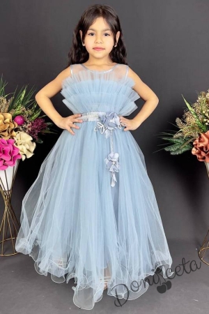 Официална детска дълга рокля Анджелина в светлосиньо с тюл без ръкав 