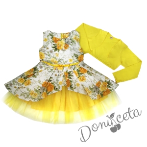 Комплект от официална детска рокля Надежда с цветя и тюл и болеро в жълто