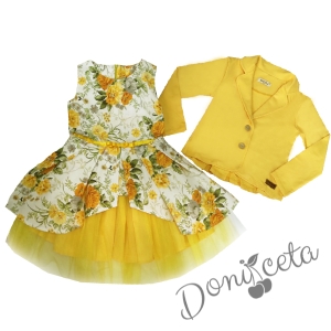 Комплект от официална детска рокля Надежда с цветя и тюл и сако в жълто