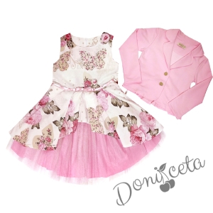 Комплект от официална детска рокля Надежда с цветя с тюл и сако в розово