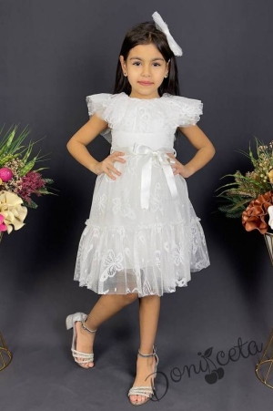 Детска рокля в бяло с къс ръкав и панделка за коса с пеперуди2
