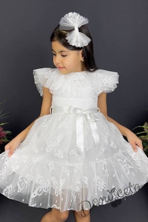 Детска рокля в бяло с къс ръкав и панделка за коса с пеперуди4