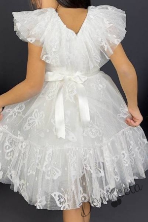 Детска рокля в бяло с къс ръкав и панделка за коса с пеперуди5