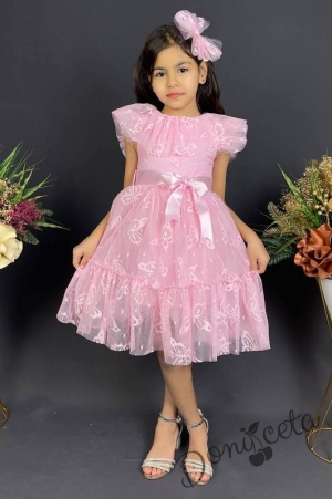 Детска рокля в розово с къс ръкав и панделка за коса с пеперуди