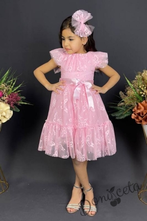 Детска рокля в розово с къс ръкав и панделка за коса с пеперуди2