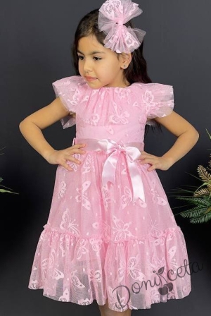 Детска рокля в розово с къс ръкав и панделка за коса с пеперуди4