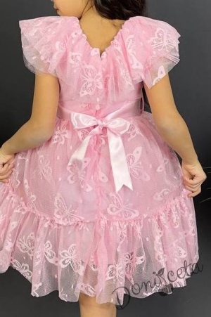 Детска рокля в розово с къс ръкав и панделка за коса с пеперуди5