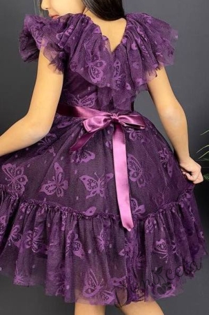 Детска рокля в тъмнолилаво с къс ръкав и панделка за коса с пеперуди5