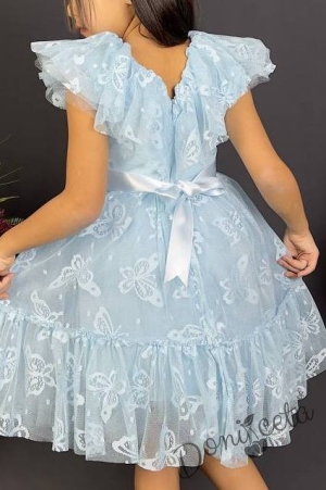 Детска рокля в светлосиньо с къс ръкав и панделка за коса с пеперуди5