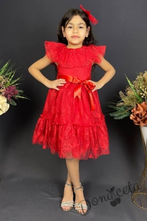 Детска рокля в червено с къс ръкав и панделка за коса с пеперуди2