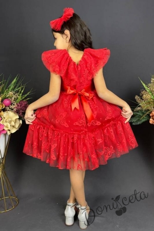 Детска рокля в червено с къс ръкав и панделка за коса с пеперуди3