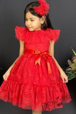Детска рокля в червено с къс ръкав и панделка за коса с пеперуди4