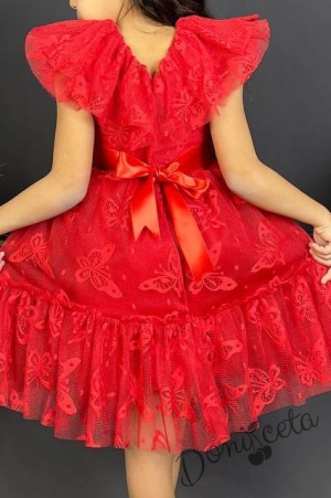 Детска рокля в червено с къс ръкав и панделка за коса с пеперуди5