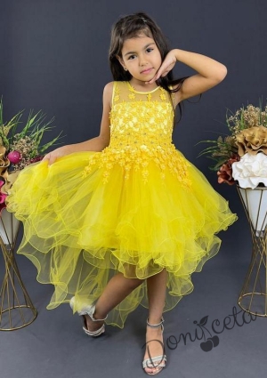 Детска рокля в жълто на цветя с къс ръкав и тюл 3
