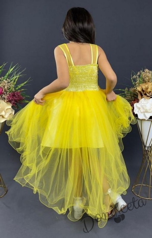 Детска рокля в жълто на цветя с къс ръкав и тюл 5