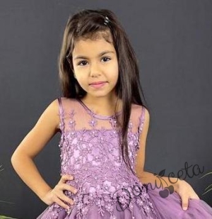 Детска рокля в лилаво на цветя с къс ръкав и тюл 2