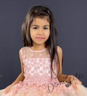 Детска рокля в прасковено на цветя с къс ръкав и тюл 3