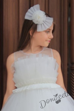 Официална детска дълга рокля в бяло с тюл без ръкав  2
