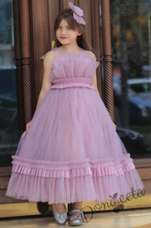 Официална детска дълга рокля в лилаво с тюл без ръкав  1