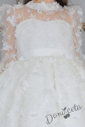 Официална детска рокля с дълъг ръкав, и бродирани пеперуди в бяло 2