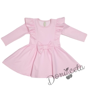 Детска рокля в розово с дълъг ръкав и панделка