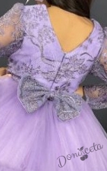 Официална детска рокля с дълъг ръкав  от дантела и тюл в лилаво с панделка за коса  2