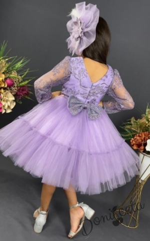 Официална детска рокля с дълъг ръкав  от дантела и тюл в лилаво с панделка за коса  3
