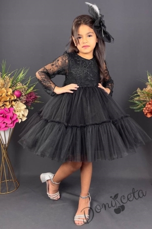 Официална детска рокля с дълъг ръкав  от дантела и тюл в черно с панделка за коса Тера