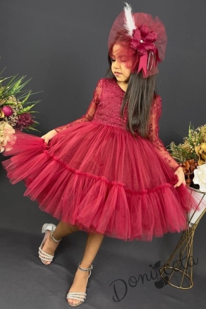 Официална детска рокля с дълъг ръкав  от дантела и тюл в бордо с панделка за коса Тера