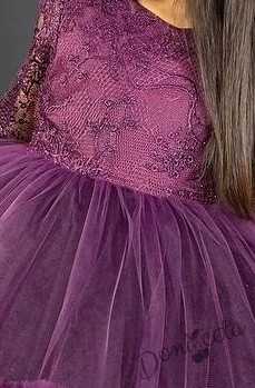 Официална детска рокля с дълъг ръкав  от дантела и тюл в тъмнолилаво с панделка за коса 2