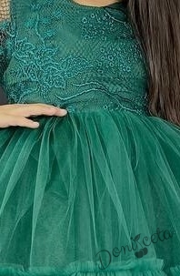 Официална детска рокля с дълъг ръкав  от дантела и тюл в тъмнозелено с панделка за коса 2