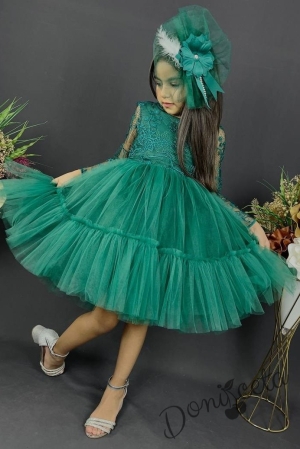 Официална детска рокля с дълъг ръкав  от дантела и тюл в тъмнозелено с панделка за коса 3