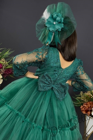 Официална детска рокля с дълъг ръкав  от дантела и тюл в тъмнозелено с панделка за коса 4