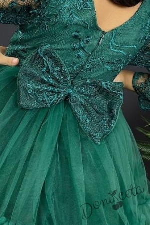 Официална детска рокля с дълъг ръкав  от дантела и тюл в тъмнозелено с панделка за коса 5