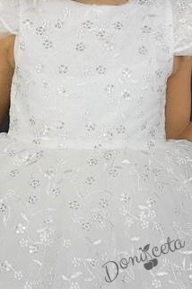 Официална детска рокля с къс  ръкав от дантела в бяло с панделка за коса 2