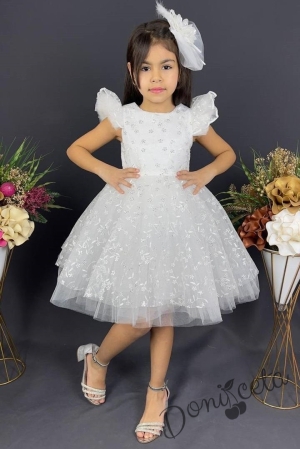 Официална детска рокля с къс  ръкав от дантела в бяло с панделка за коса 3
