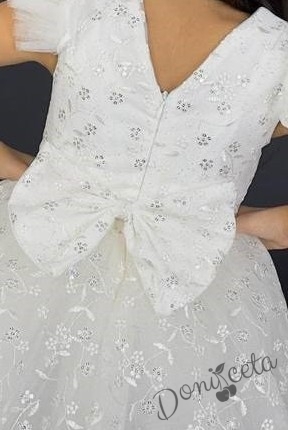 Официална детска рокля с къс  ръкав от дантела в бяло с панделка за коса 4