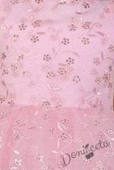 Официална детска рокля с къс  ръкав от дантела в розово с панделка за коса 2