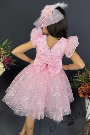 Официална детска рокля с къс  ръкав от дантела в розово с панделка за коса 3