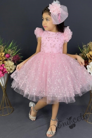 Официална детска рокля с къс  ръкав от дантела в розово с панделка за коса 5
