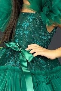 Официална детска рокля с  тюл и помпони  в тъмно зелено с дантела 2