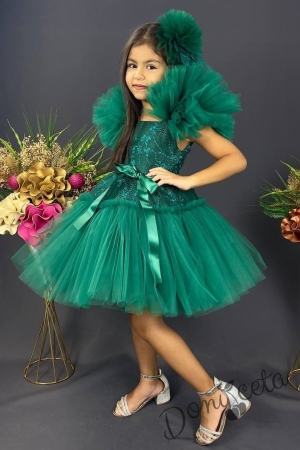 Официална детска рокля с  тюл и помпони  в тъмно зелено с дантела 3